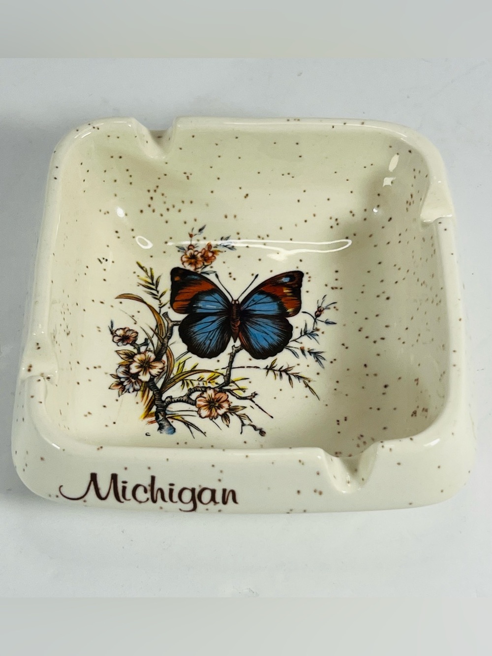 Vintage Pottery Craft USA Ceramic Ashtray Floral Butterfly Michigan 4" Square